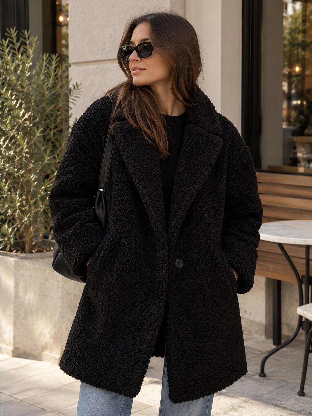 Zara Black Teddy Jacket with Oversized Lapel